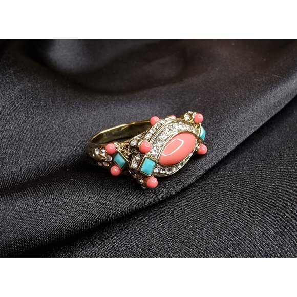 Heidi Daus Crystal & Enamel Statement Ring With Pink Coral & Turquoise Accents - Picture 1 of 4